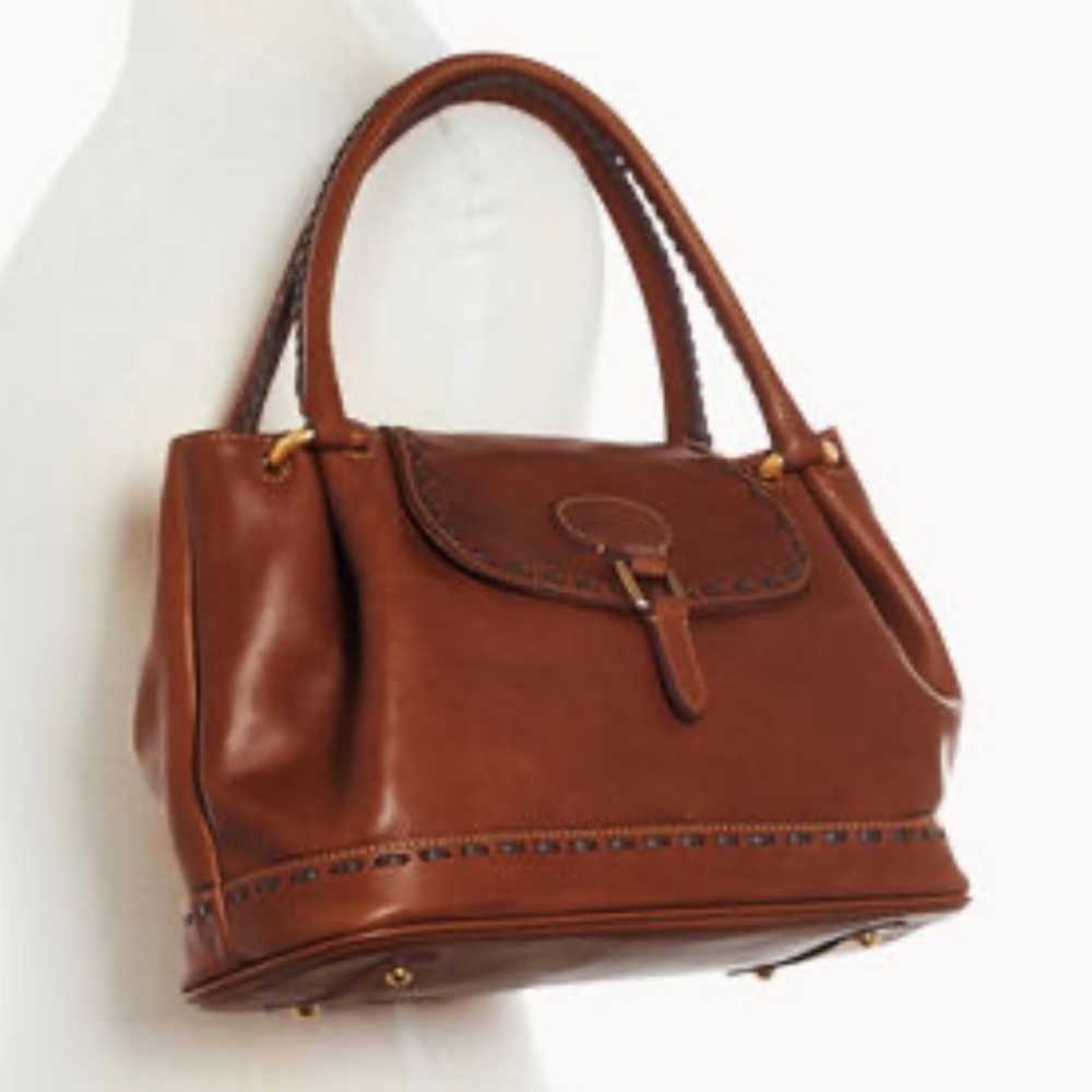 New Dooney & Bourke Satchel Vacchetta Flap Braided Florentine Leather Chestnut - Picture 4 of 8